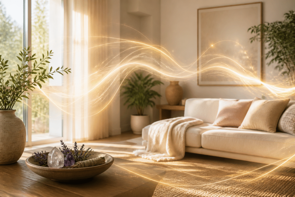 Limpeza energética da casa com ambiente luminoso, sereno e harmonizado