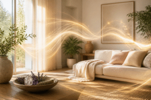 Limpeza energética da casa com ambiente luminoso, sereno e harmonizado